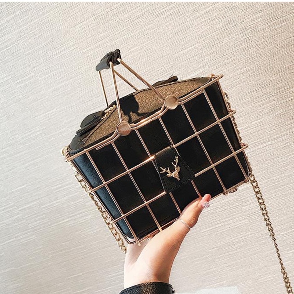 Black & Gold Deer Head Caroline Basket Bag , Vegan Leather
